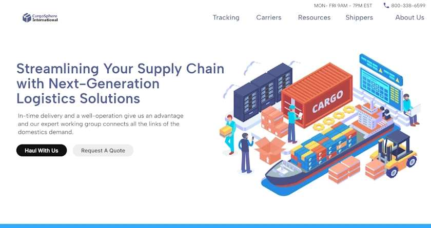 A screenshot of the homepage of CargoShpere Transportation showing a technology forward homepage and design elements