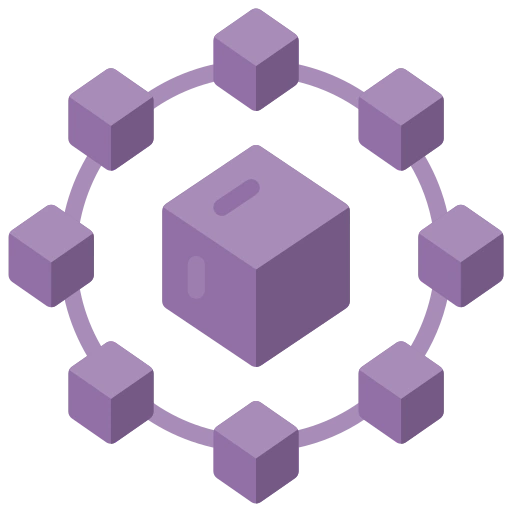 illustrated microservices icon that show a ring of component boxes surrounding a main box meant to represent the application