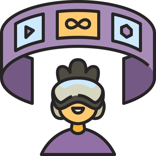 virtual and augmented reality icon; illustration of male character wearing a headset to view screens through