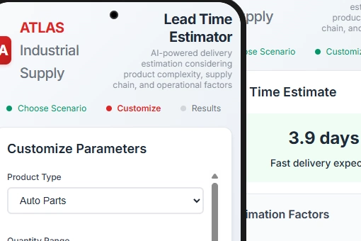 The image shows two overlapping smartphone screens displaying the "Lead Time Estimator" tool from ATLAS Industrial Supply. The screen in the foreground is on the "Customize" step, showing dropdown menus for adjusting parameters: Product Type (Auto Parts), Quantity Range (Small 1–25), Customer Region (North America), Season (Summer Jun–Aug), and Product Complexity (Simple). At the bottom, two buttons are visible: "Previous" and a red "Calculate Lead Time" button. The screen in the background shows the "Results" step with a lead time estimate of 3.9 days, labeled "Fast delivery expected." Below, it lists estimation factors including product type as Auto Parts (low complexity), small quantity with quick turnaround, North America region with fast shipping, and overall favorable conditions leading to a short lead time.