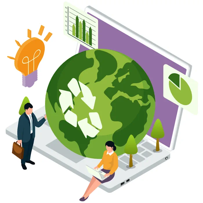 ai-sustainability The illustration depicts the concept of AI-driven sustainability. At the center, a large green globe with recycling arrows symbolizes environmental responsibility and circular practices. The globe emerges from a laptop, representing how technology and artificial intelligence can drive eco-friendly solutions. Surrounding the laptop are visual elements such as charts with green bar graphs and pie charts, highlighting data analysis and performance tracking in sustainability initiatives. On the left, a lightbulb icon suggests innovation and new ideas, while small trees emphasize environmental conservation. Two people interact with the scene: one is seated on the laptop keyboard, working on a laptop, symbolizing digital engagement and remote AI-powered solutions; the other is a professional standing with a briefcase, indicating business and corporate involvement in sustainable practices. Together, the image conveys the integration of AI, innovation, and environmental responsibility to promote a greener future.