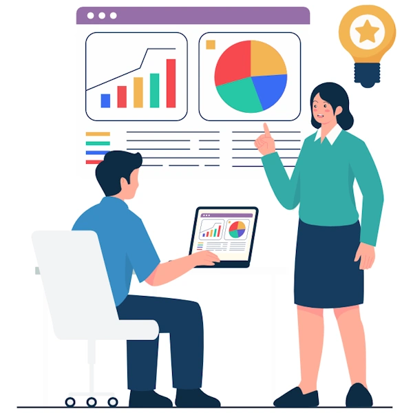 illustration of data scientists in front of bar and pie charts