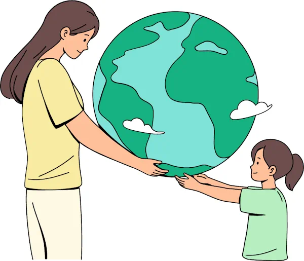 ethics-of-sustainable-ai The illustration shows a woman and a child holding a large globe together, symbolizing the shared responsibility of caring for the Earth across generations. The woman, dressed in light clothing, gently passes or supports the globe, while the child, reaching forward with both hands, receives it with a sense of trust and responsibility. The globe is depicted with green continents, blue oceans, and a few white clouds, representing a clean and thriving planet. The interaction conveys themes of sustainability, intergenerational ethics, and the importance of passing down environmental stewardship to future generations. The simple and warm design highlights the human connection to the planet and the moral duty to protect it.
