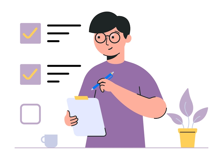 illustration of a man with a checklist of items done or otherwise addressed