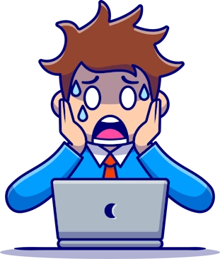 panicked worker at desk in front of laptop