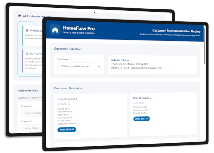 screenshots of the AI recommendation engine that show the customer select screen and the AI driven customer insights