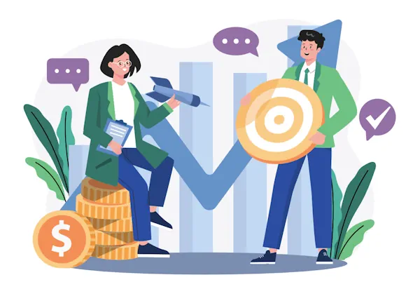 sustainable-ai-integration The illustration depicts two professionals collaborating on business and sustainability goals. On the left, a woman in a green jacket sits on a stack of gold coins, holding a clipboard and pointing forward with a toy rocket, symbolizing innovation and financial growth. On the right, a man in a green jacket stands holding a large target, representing goal-setting, focus, and alignment with objectives. Behind them is a large checkmark overlaying vertical bar charts, indicating progress, achievement, and positive outcomes. Decorative elements such as plants, speech bubbles, and checkmarks further emphasize collaboration, communication, and success. The image conveys themes of sustainable integration, teamwork, and balancing profitability with strategic goals.