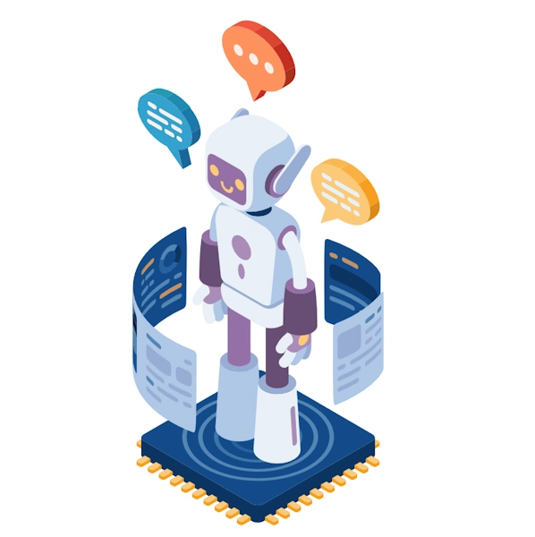 A friendly, isometric robot stands on a square computer chip, evoking an autonomous AI agent. Semi-transparent panels with text and UI elements orbit around it like a workspace, while three colorful chat bubbles hover overhead to suggest conversation and decision making. The bot’s face displays a simple smile, and its purple-and-white body features headset-like ears and jointed limbs, reinforcing the idea of an agent that reads screens, communicates, and acts within a digital environment—agentic AI at work.