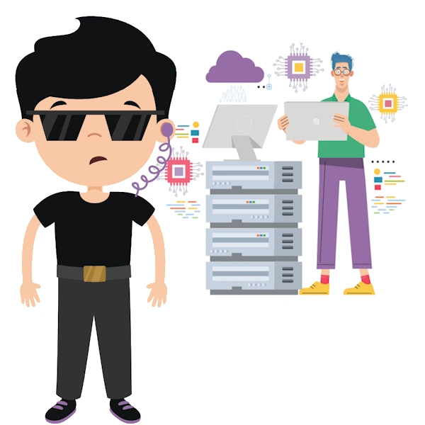 A playful illustration about AI security monitoring: in the foreground, a cartoon security agent in all black—sunglasses, earpiece, and a chunky belt—stands watch. Behind him, a blue-haired engineer reviews a tablet beside a stack of servers connected to a desktop, with a purple cloud icon overhead and tiny chip and code graphics floating around, suggesting cloud AI, data pipelines, and real-time oversight. The scene mixes “guard on duty” vibes with technical controls to imply layered protection for AI systems.