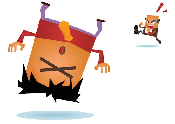 The image is a playful, cartoon-style illustration showing two blocky, geometric characters in a comical scene. The larger character is upside down with an orange body, red shirt, yellow tie, and spiky black hair, appearing to have fallen or been knocked over. The smaller character in the background, wearing a brown suit and red tie, is running toward the first with an angry expression, one arm raised and one leg kicking forward. The scene conveys a humorous sense of frustration or blame, with exaggerated motion and simple shapes against a white background.