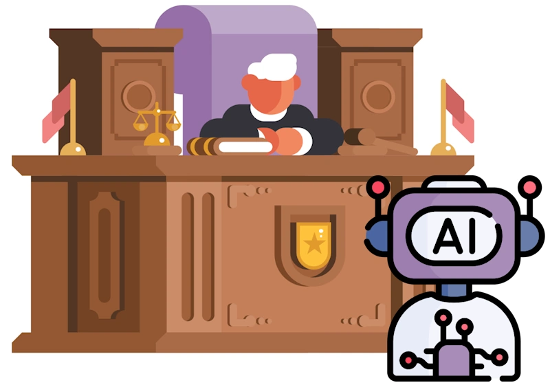 The illustration depicts a courtroom scene where a judge sits behind a large wooden bench, symbolizing justice and authority, with a gavel and scales of justice nearby. In front of the judge stands a robot labeled “AI,” representing artificial intelligence as if it were on trial. The image visually explores the question of whether AI can or should be held legally accountable for its actions or mistakes, blending themes of technology, law, and ethics in a simple, modern, and symbolic style.