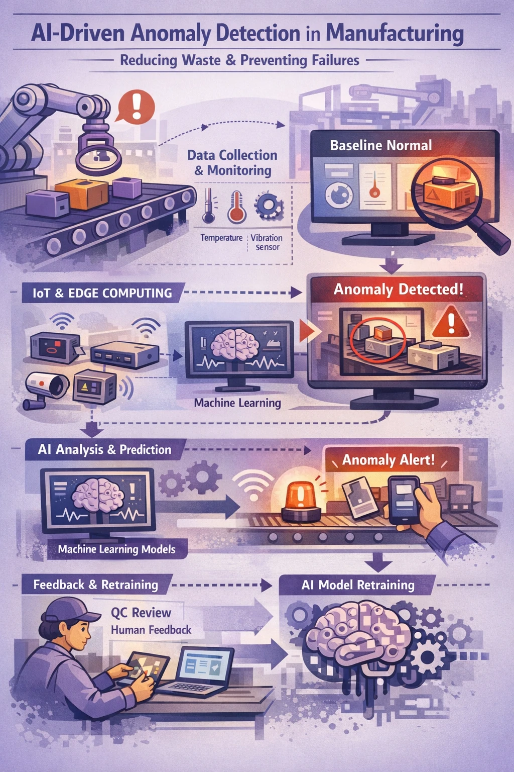 Illustrated diagram showing an AI-driven anomaly detection workflow in manufacturing, where sensors collect temperature and vibration data from production equipment, edge devices and machine learning models establish a normal baseline, anomalies are detected and flagged on monitoring screens, alerts are sent to operators, and human feedback is used to retrain AI models to reduce waste and prevent equipment failures.